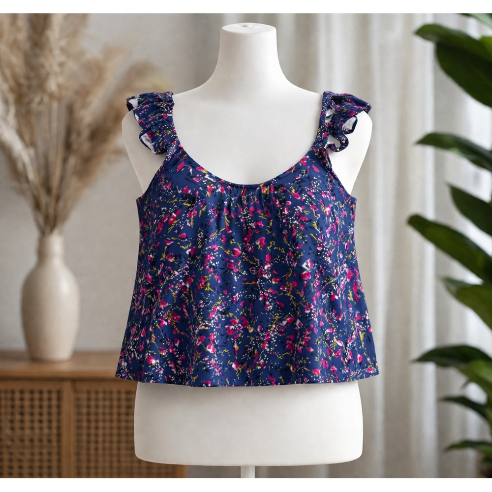NWT French Connection Blue Floral Ruffle Strap Tankini Swim‎ Top Womens Medium